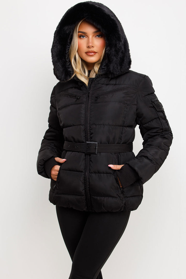 Jane | Women’s belted faux fur hooded puffer jacket