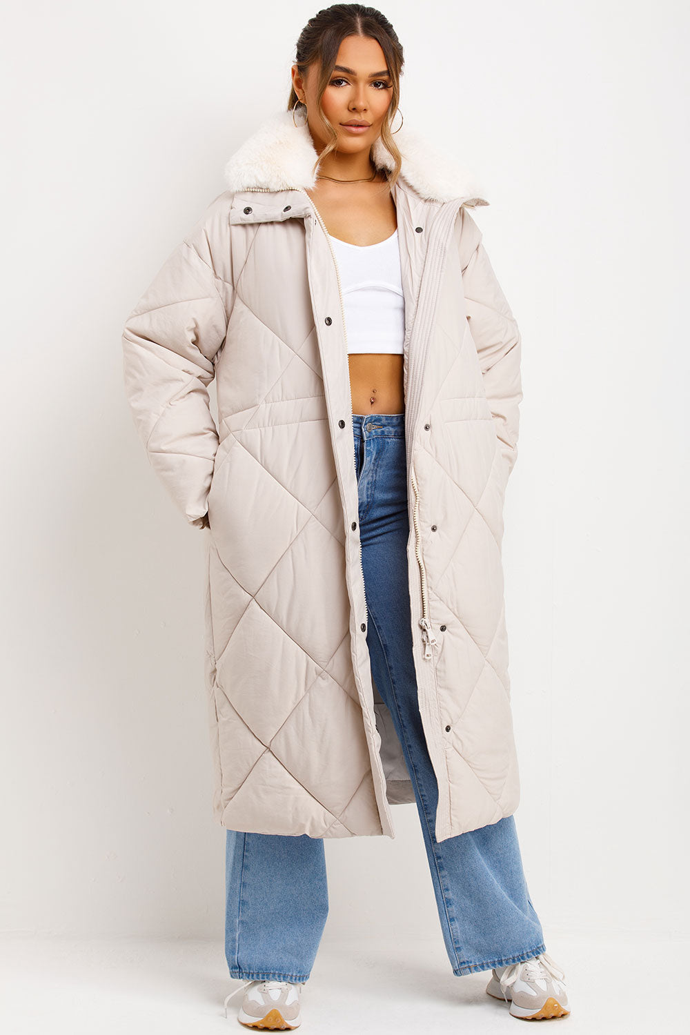 Jazmine | Women’s long quilted puffer coat with faux fur collar