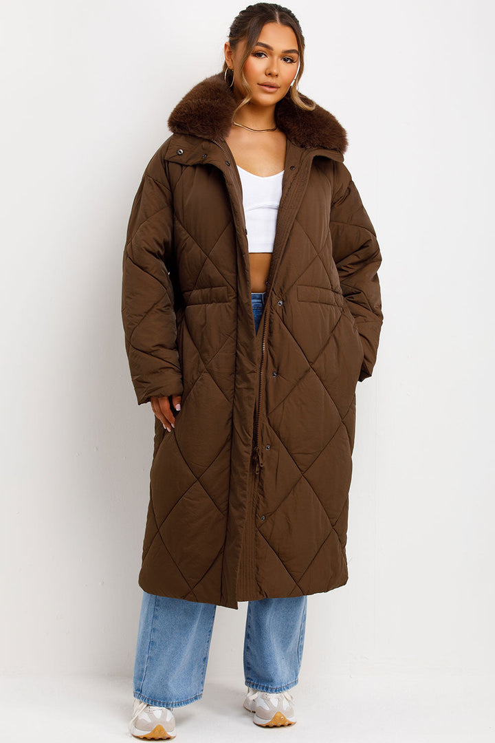 Shay | Women’s long quilted puffer coat with faux fur collar