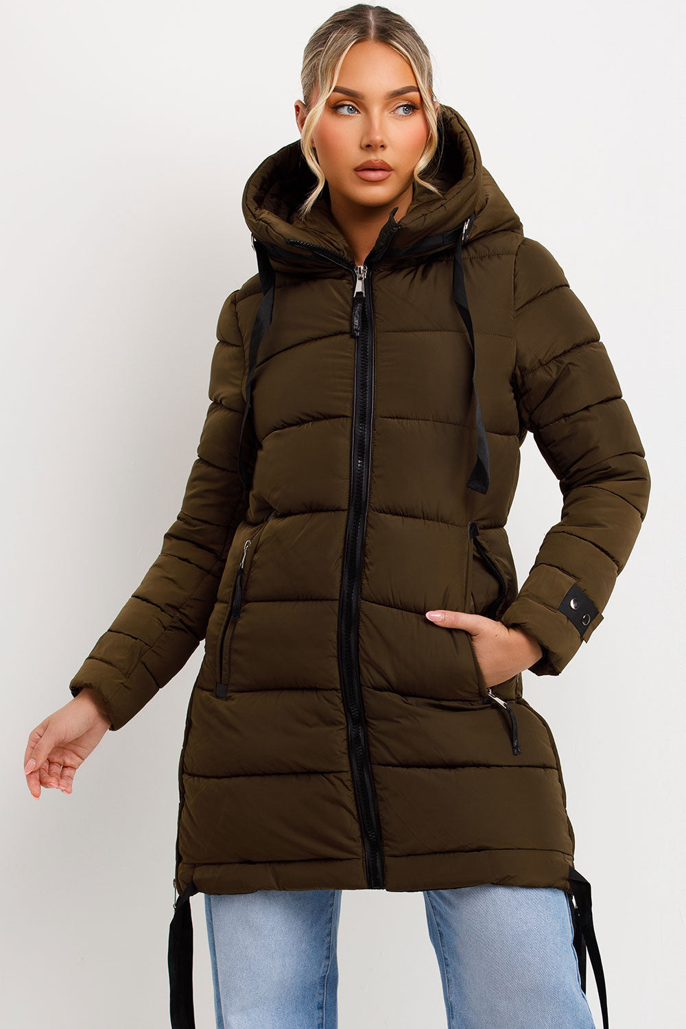 Ivey | Women’s longline puffer coat with hood and side straps